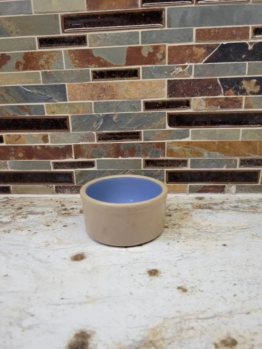 Vintage Stoneware Butter Crock Tan Brown Pottery Bowl Blue Interior Farmhouse 4